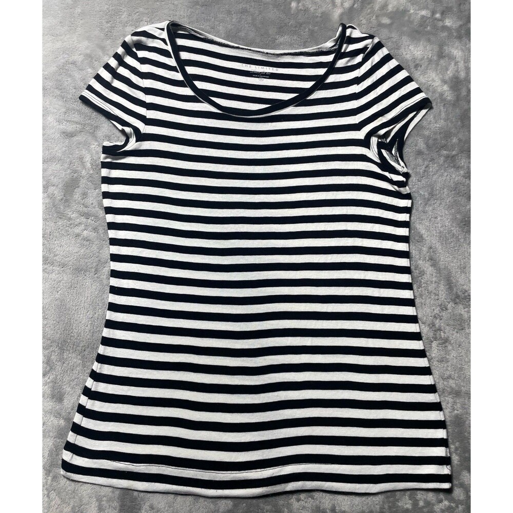 The Limited T Shirt Womens Size XLBlack White Striped Short Roll Sleeve